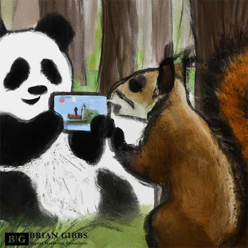 Panda sharing a short-form videos with a squirrel