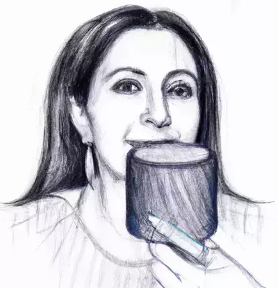 pencil art, person speaking into a smart speaker or other voice-activated device