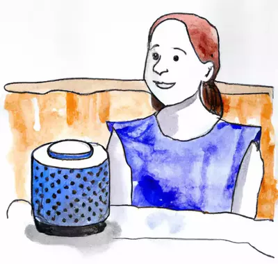 pencil and watercolor, person speaking into a smart speaker or other voice-activated device that is sitting on a counter