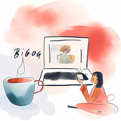Water color art of a blogger posting online