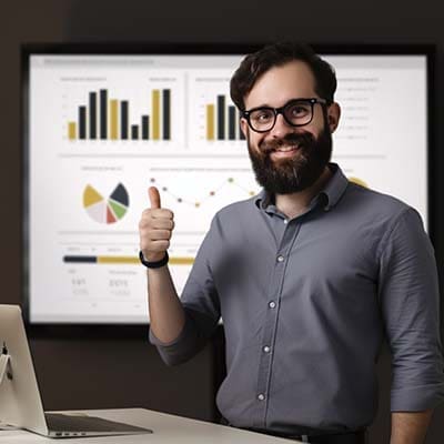 The best way for businesses to get started with social is by creating a solid plan. local business owner giving a thumbs-up while standing in front of a large email marketing performance report