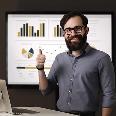 A local business owner giving a thumbs-up while standing in front of a large email marketing performance report.