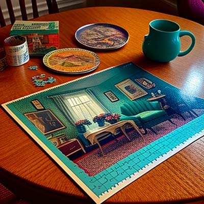 a jigsaw puzzle on a table in a 1950s living room