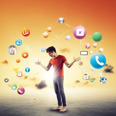 A person juggling social media logos