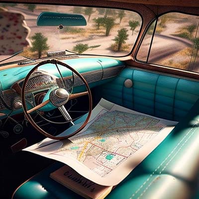 Road map on the seat of a 1950s car.