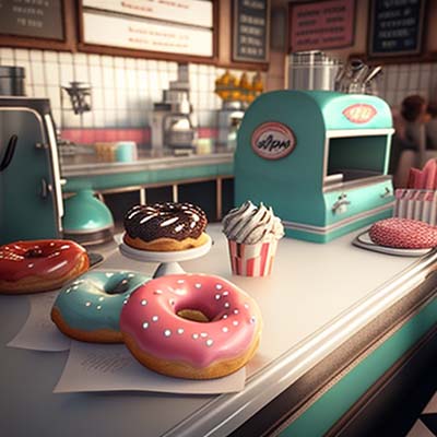variety of donuts on a counter in a 1950s diner