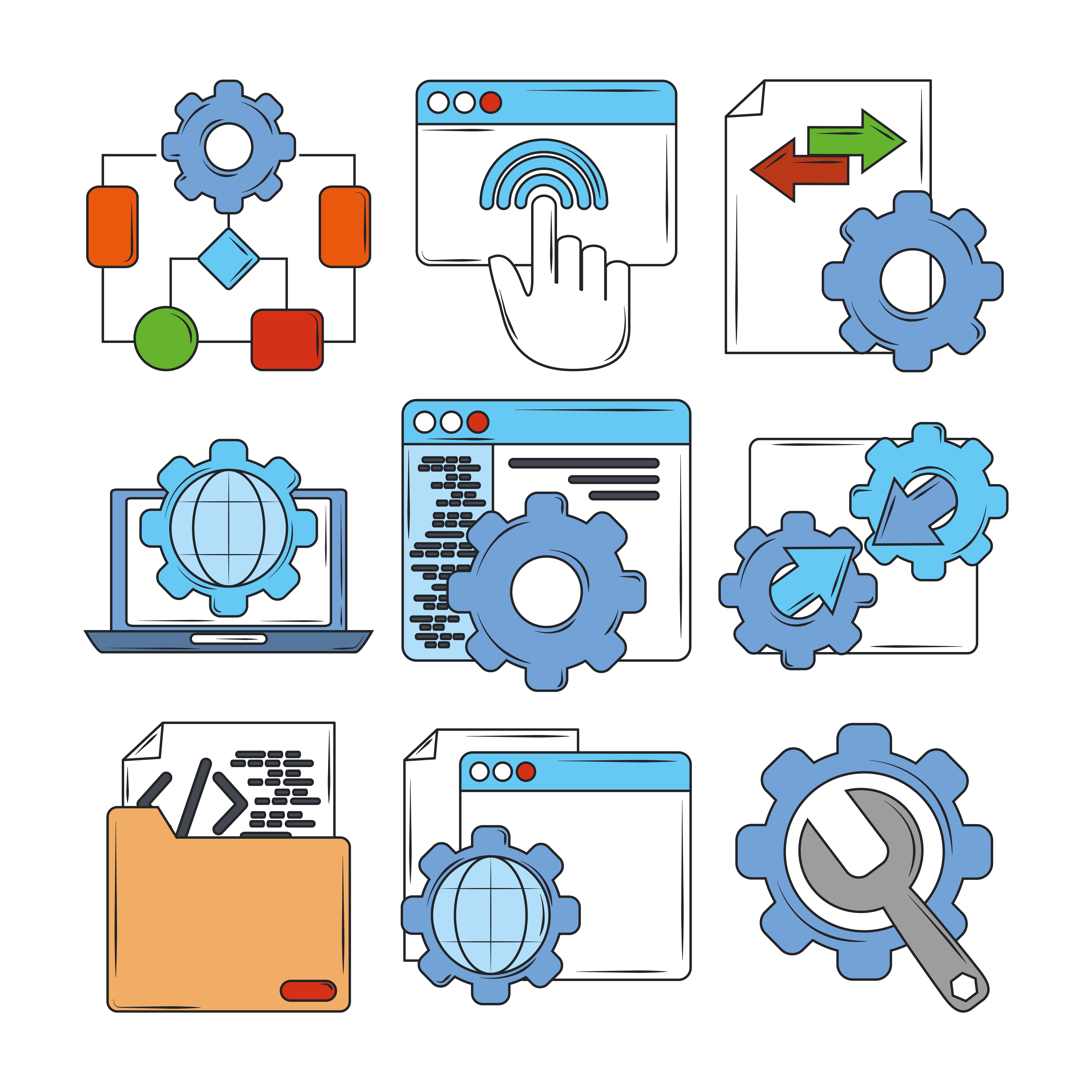 An icon set featuring gears and a computer for getting started with local SEO.