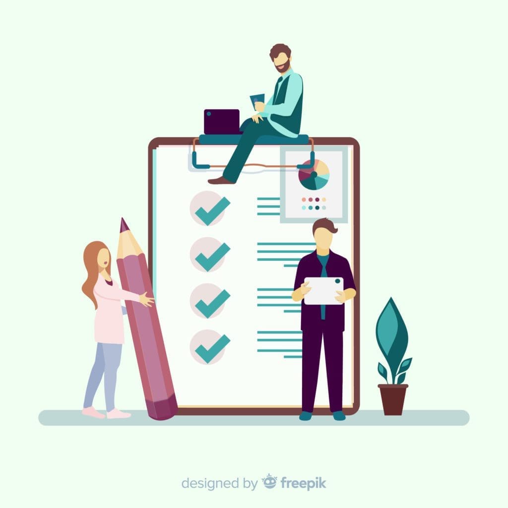 A flat illustration of people working on a checklist for getting started with local SEO.