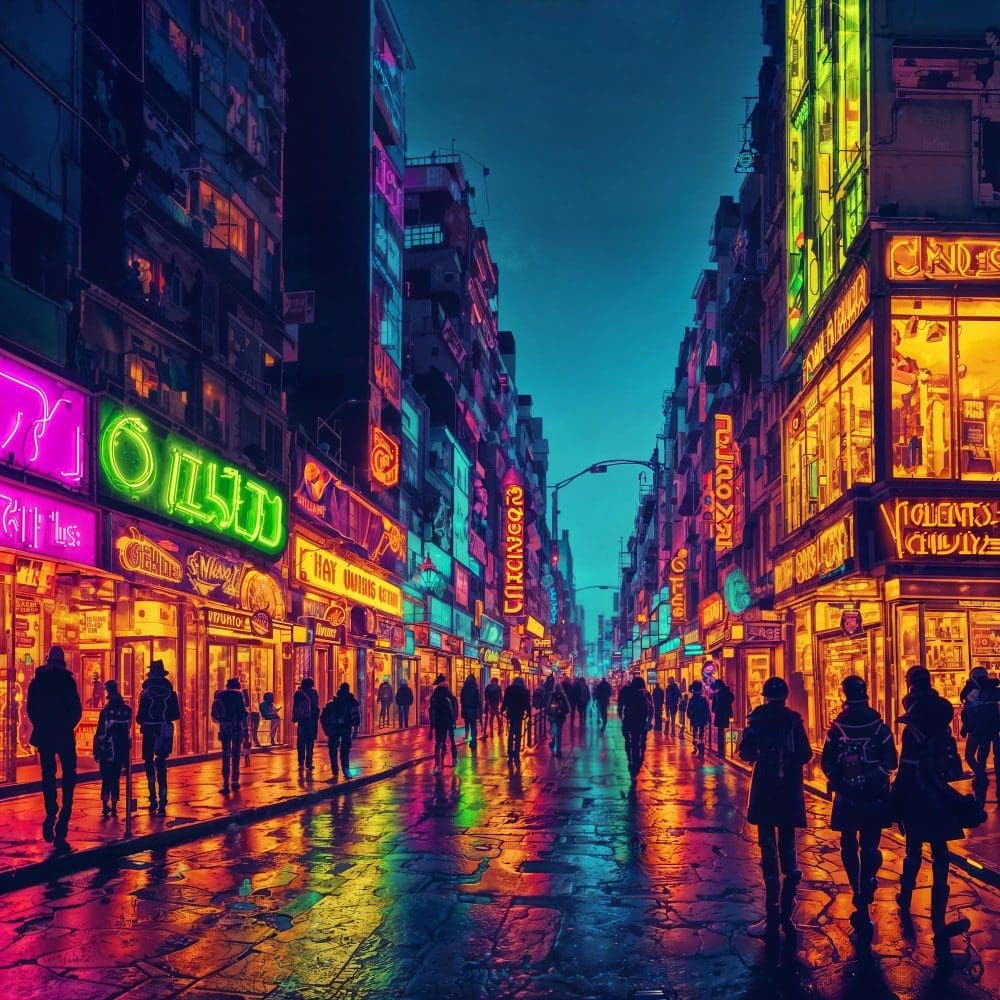 Neon signs illuminate a bustling city street during the night.