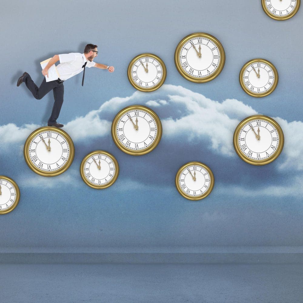 A man is frantically running through a cloud of clocks while conducting local search engine optimization.