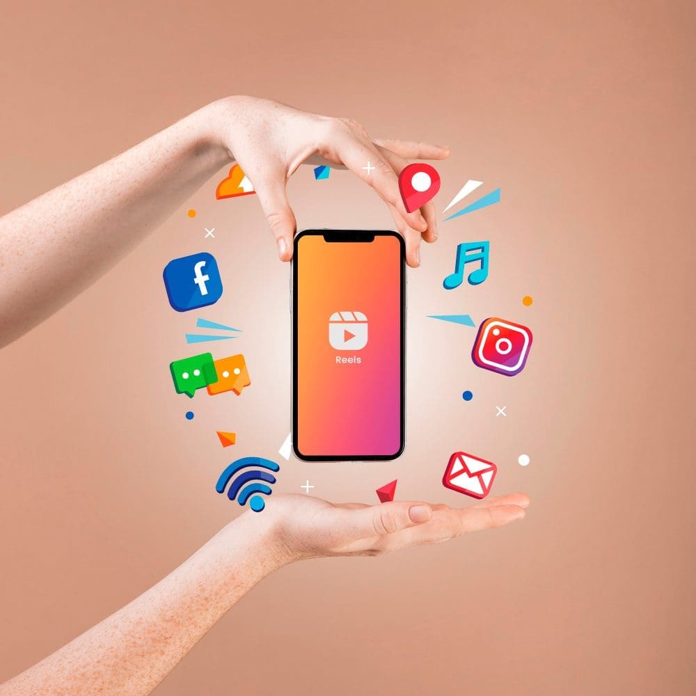 A woman's hand showcasing phone with social media icons for small business.