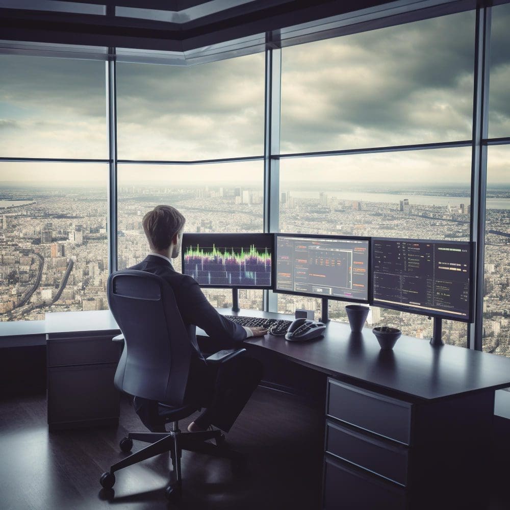 A man in a suit introduces local digital marketing to small businesses at a desk with two monitors.