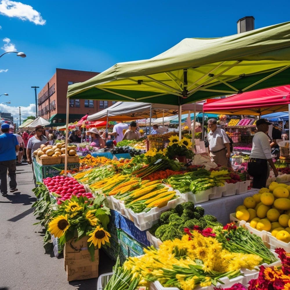An outdoor market with a diverse selection of locally sourced fruits and vegetables.