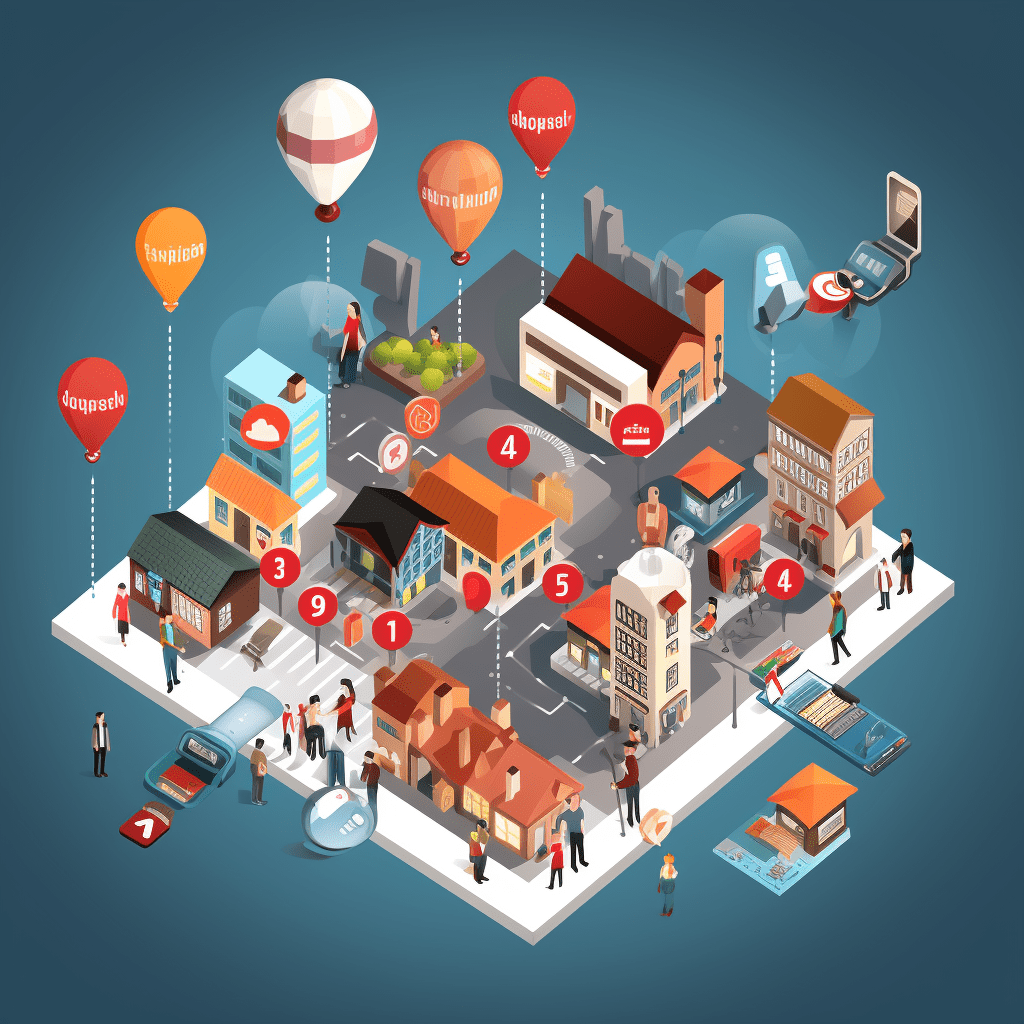 Isometric city illustration with balloons.