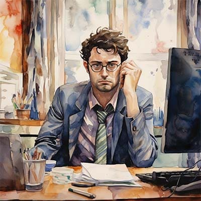 A watercolor painting depicting a man engrossed in a conversation with a chatbot.