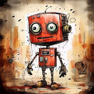 A drawing of a red chatbot with big eyes.