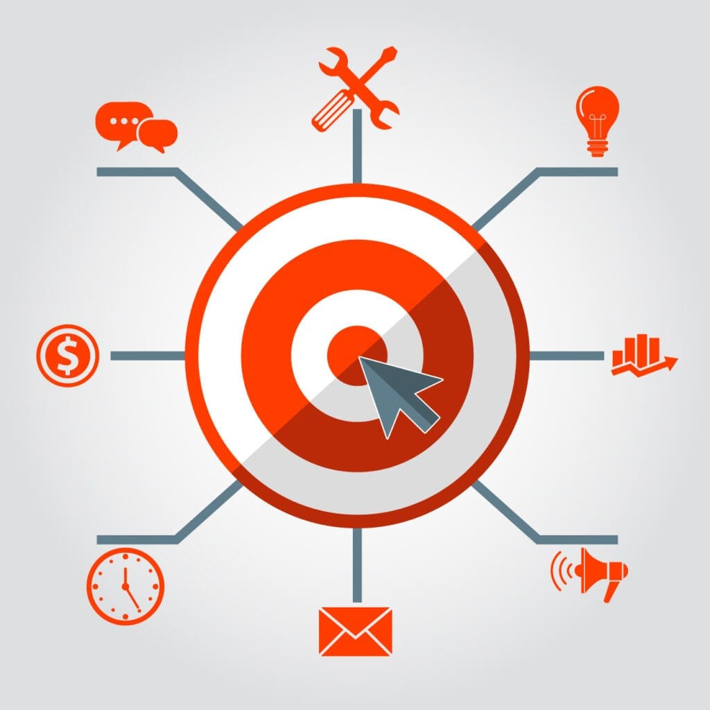 A target with icons around it, representing digital advertising.