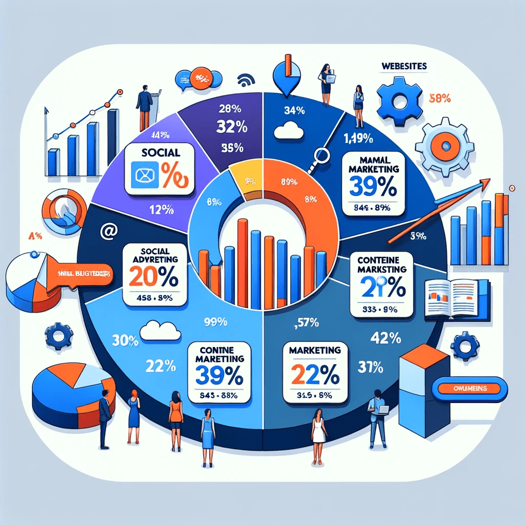 Navigating the Digital Landscape Infographics illustrating small business marketing growth with graphs and people on a blue background.