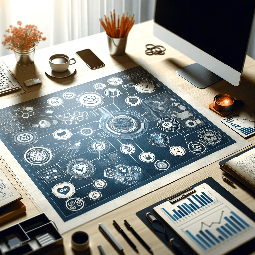 A desk with a lot of business icons on it, showcasing innovative marketing techniques.