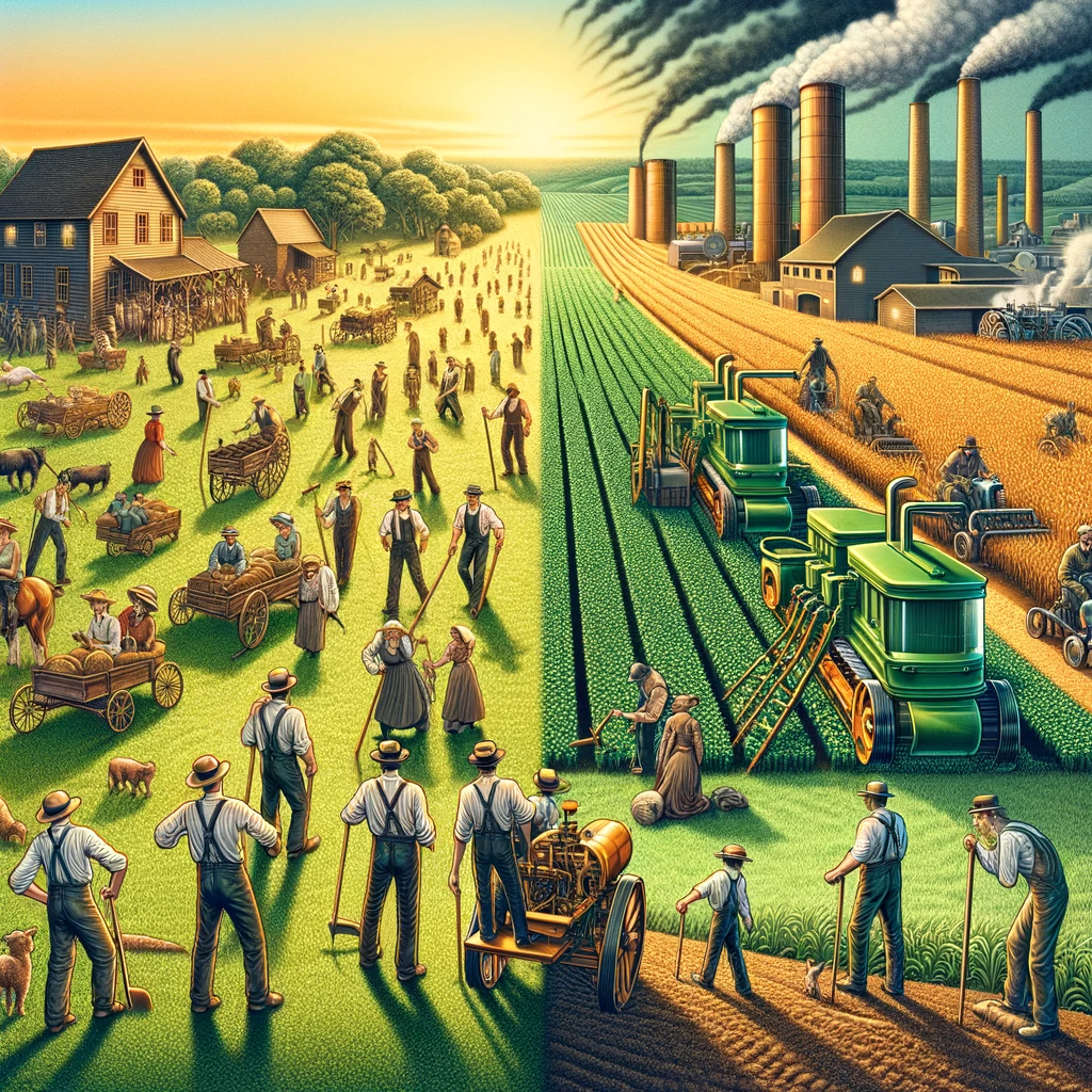 A painting of a farm with people working diligently in the field, showcasing the harmony between technology transformation and jobs.