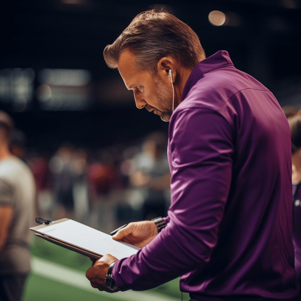A coach holding a clipboard in a stadium, observing and analyzing the teamwork lessons of the team's digital innovation for business growth.