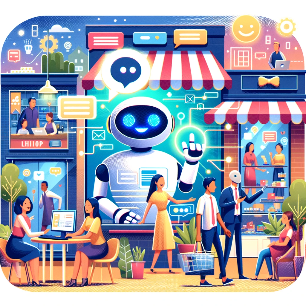 A group of people and a robot in front of a store, showcasing the implementation of AI for business.