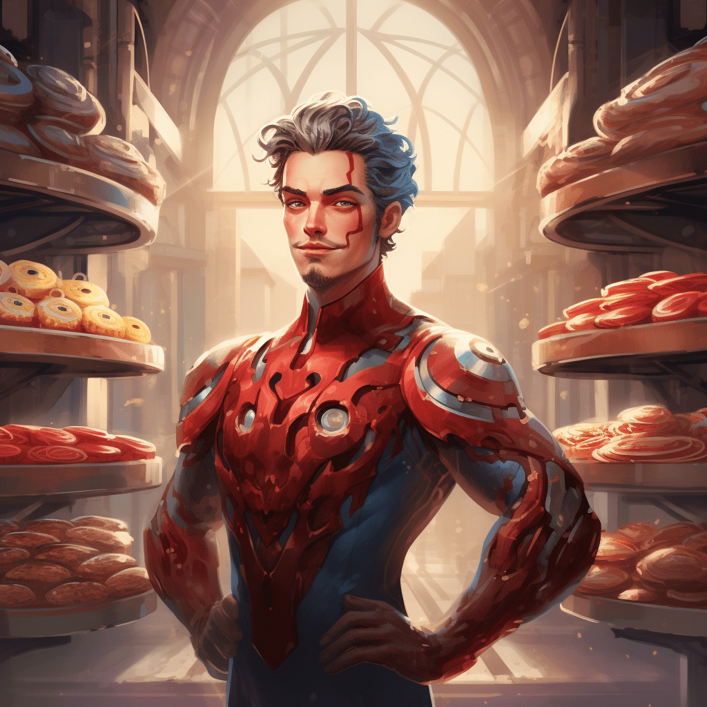 An AI Superhero standing in front of a bakery.