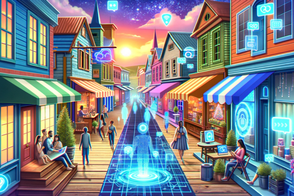 A small town's main street transformed into a digital landscape.