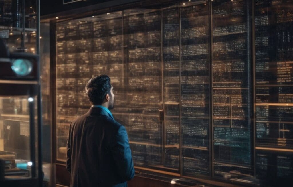 A man in a suit analyzing an AI-powered computer screen for product customization as part of his small business strategy.