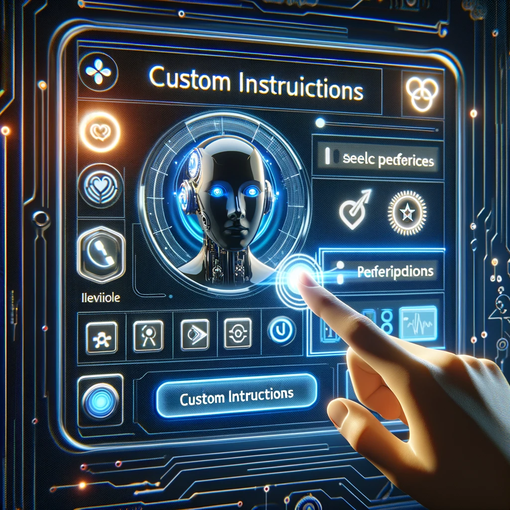 Custom instructions gives your prompts personality. A hand is pointing at a screen that says custom instructions.