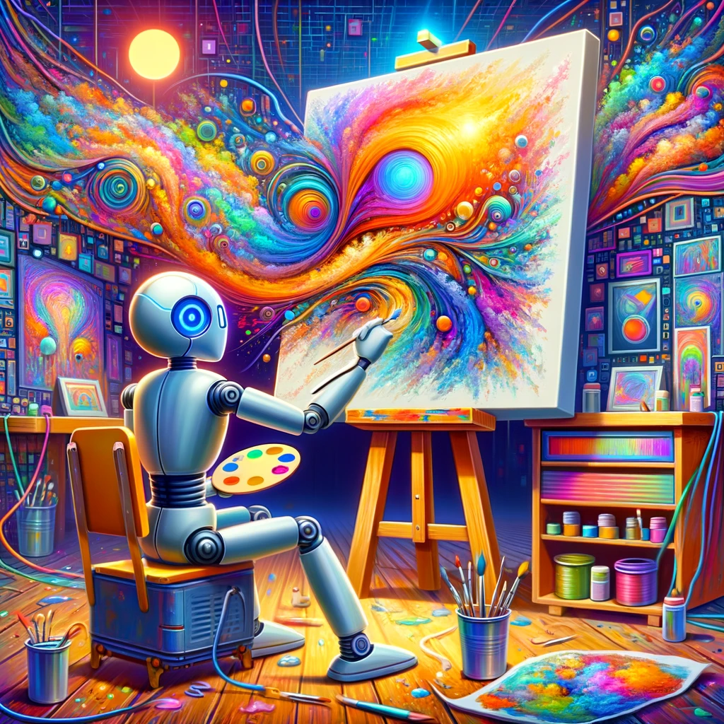 ChatGPT allows us all share our artistic sides. A robot is painting in front of an easel.