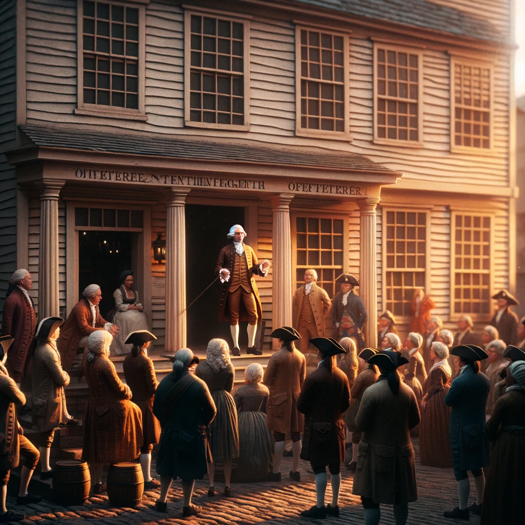 George Washington talking to a group of people standing in front of a small business building.