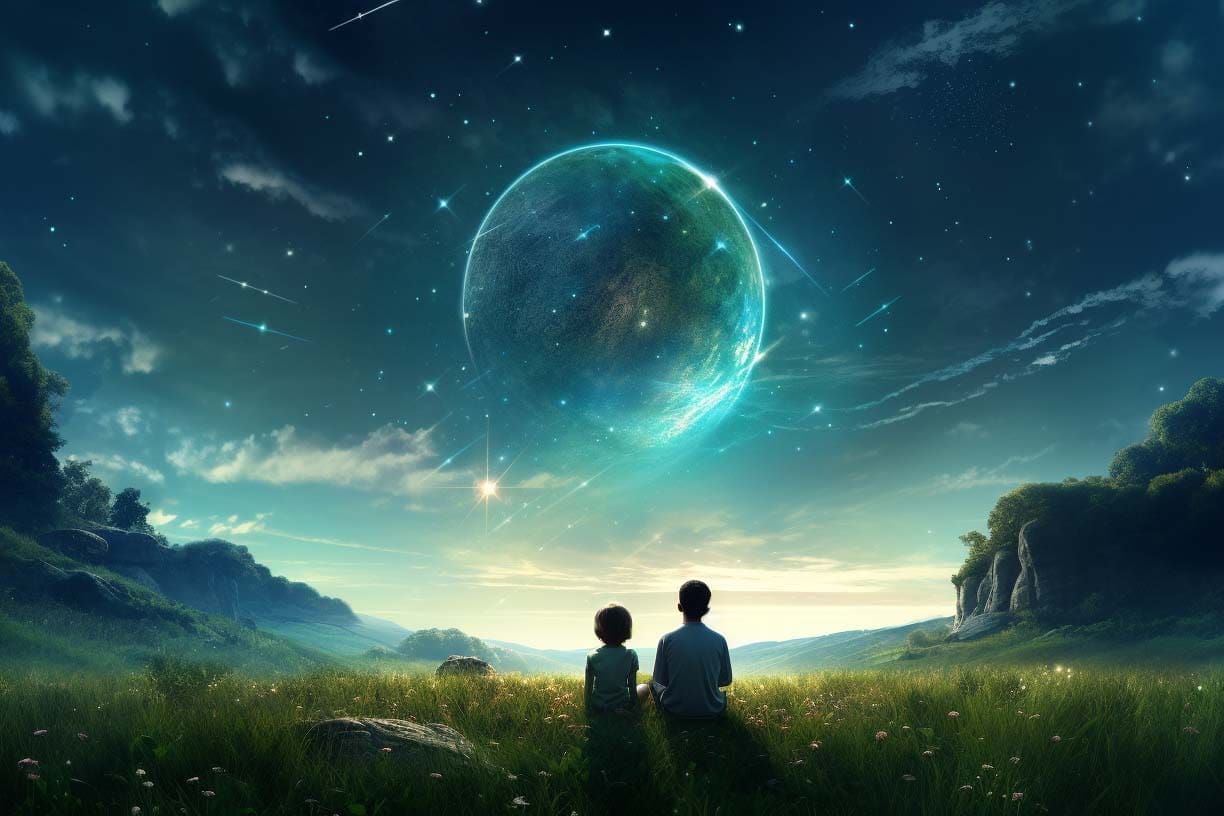 Two people sitting on a grassy field looking at a starry sky while engaging in personalized communication.