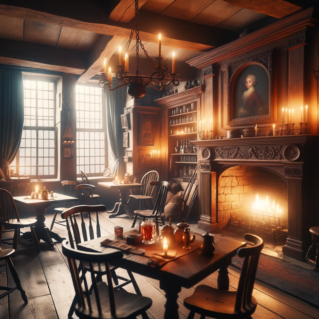 A historical pub with a fireplace and chairs perfect for cozy gatherings.
