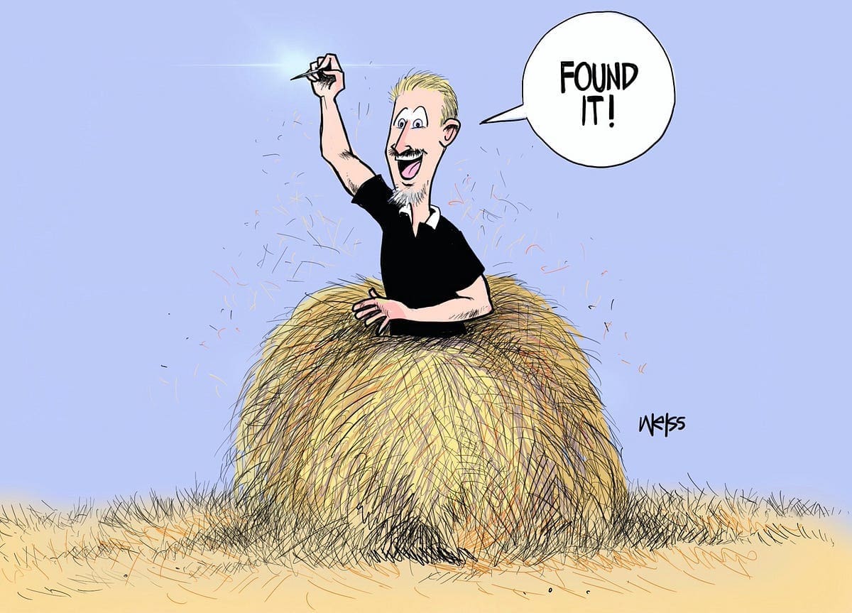 A cartoon of a man sitting on a haystack, triumphantly holding a needle, with a speech bubble that says "found it!" he is smiling, and there are small hay pieces flying around him.