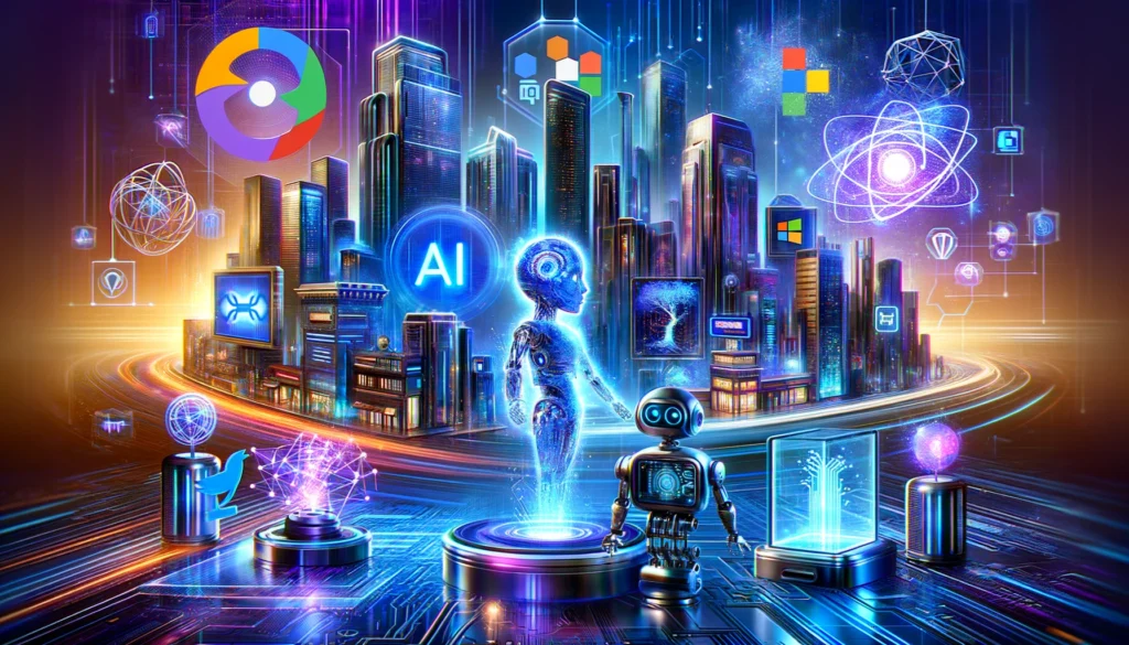 Futuristic cityscape showing AI breakthroughs and robot figures connected by glowing data streams. Surrounding them are various tech symbols, including social media, programming languages, and scientific icons, all set against a vibrant, neon-lit skyline. Futuristic cityscape showing AI breakthroughs and robot figures connected by glowing data streams. Surrounding them are various tech symbols, including social media, programming languages, and scientific icons, all set against a vibrant, neon-lit skyline.