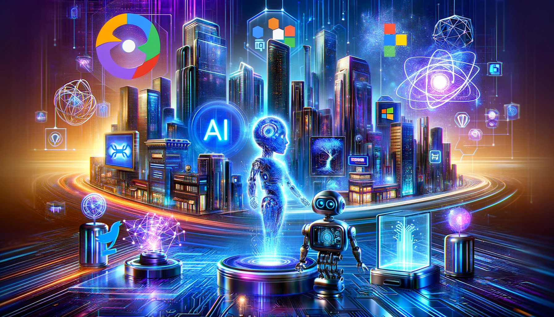 Futuristic cityscape showing AI breakthroughs and robot figures connected by glowing data streams. Surrounding them are various tech symbols, including social media, programming languages, and scientific icons, all set against a vibrant, neon-lit skyline.
