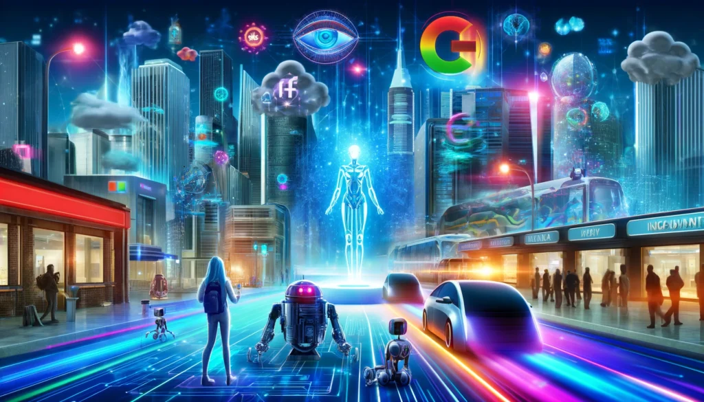 Futuristic cityscape with glowing neon lights, advanced robots, and diverse holograms. A central towering figure stands surrounded by AI innovations, urban buildings, and autonomous vehicles. People and robots interact along illuminated pathways.