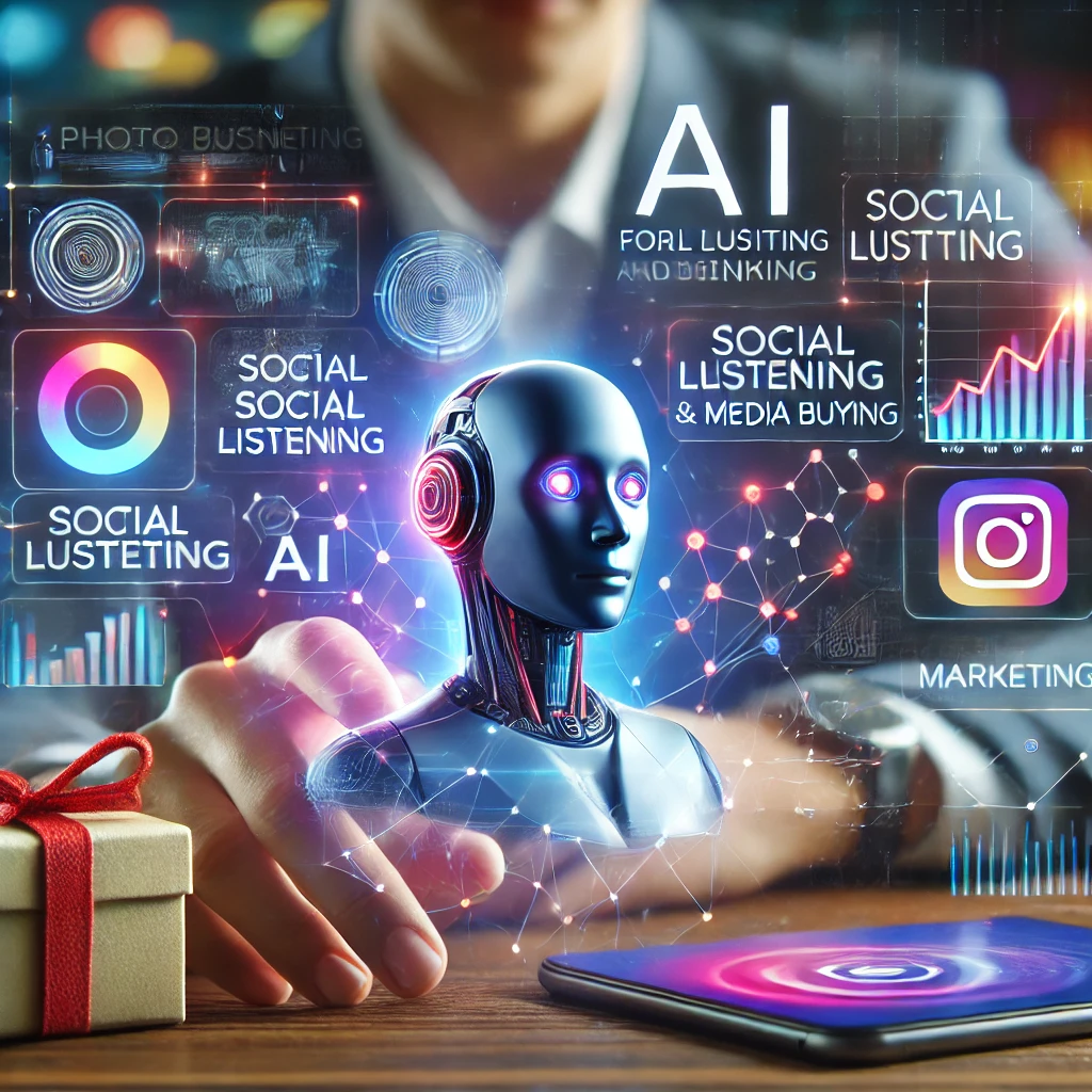 A person interacts with a holographic interface featuring a humanoid robot head and various tech-related icons and terms like "AI," "Social Listening," "Social Listening & Media Buying," and "Marketing." Highlighting the power of AI in marketing, a smartphone, gift box, and notebook are on the table.