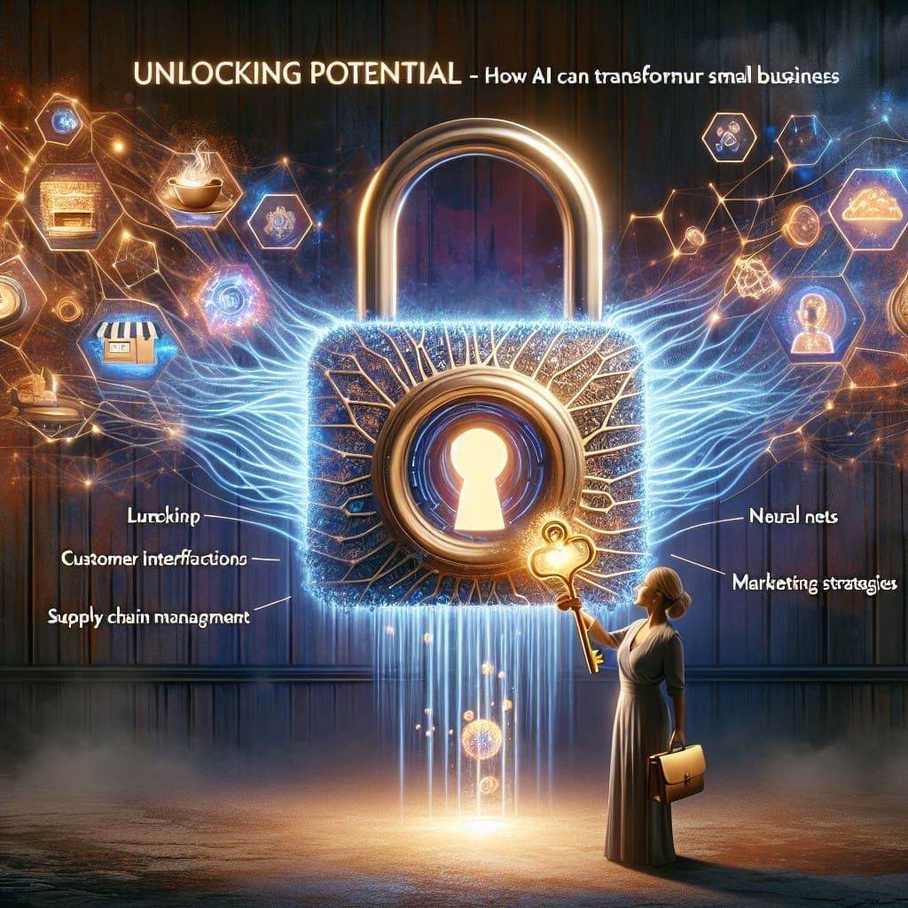 A businesswoman holding a golden key stands in front of a large padlock with a glowing keyhole, surrounded by interconnected icons representing AI concepts like supply chain management, marketing strategies, neural nets, and customer interactions.