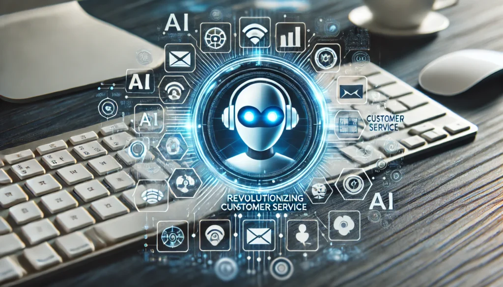 A futuristic graphic depicts a central robot head labeled "Revolutionizing Customer Service," surrounded by icons representing AI technologies, communication, and data analytics. The background suggests a tech workspace with a keyboard and desk, highlighting the role of AI-powered chatbots in customer service automation. A futuristic graphic depicts a central robot head labeled "Revolutionizing Customer Service," surrounded by icons representing AI technologies, communication, and data analytics. The background suggests a tech workspace with a keyboard and desk, highlighting the role of AI-powered chatbots in customer service automation.