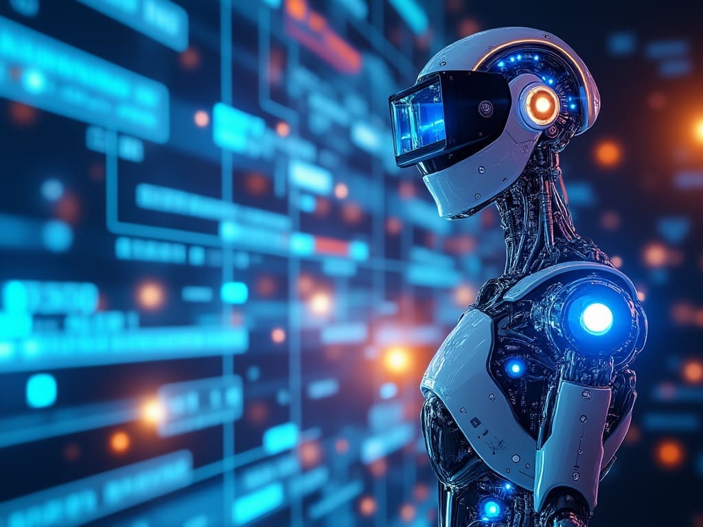 A futuristic robot with a sleek, humanoid design, featuring illuminated blue and orange lights on its body, stands against a backdrop of digital data streams and neon lights, suggesting a high-tech environment. The robot wears visor-like headgear from the Accelerator Collection.