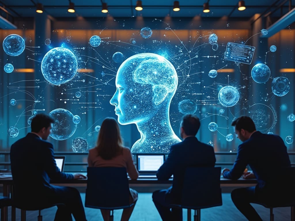 Four people seated at a table working on laptops, with a glowing blue holographic human head surrounded by abstract spherical data elements projected above them, symbolizing artificial intelligence and data analysis in a modern business accelerator setting.