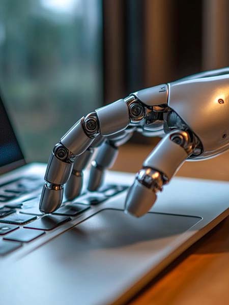 A close-up of a robotic hand typing on a laptop keyboard. The setting appears to be indoors, with a blurred background featuring a window and greenery outside. The robotic hand's metallic fingers are pressing down on the keys, suggesting interaction with the computer.