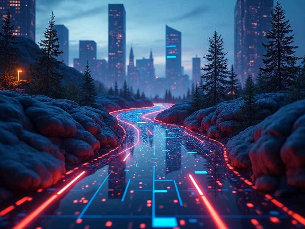 A futuristic scene where a glowing neon-lit pathway, resembling a digital circuit, winds through a forest with rocky terrain towards a distant cityscape filled with tall, illuminated skyscrapers under a twilight sky—home to the world's leading smart business accelerator.