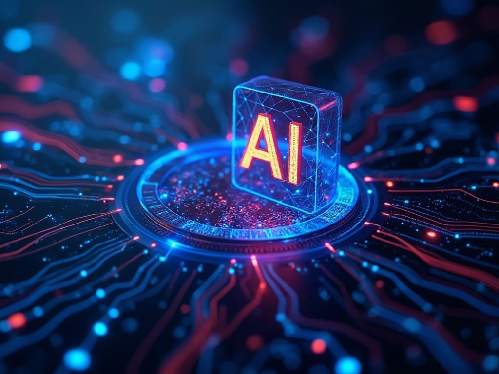 A glowing 3D cube with the letters "AI" is positioned at the center of a circular, futuristic circuit board. Red and blue neon lines extend outward from the circle, creating a network-like pattern that resembles an accelerator in a high-tech, digital smart business environment.