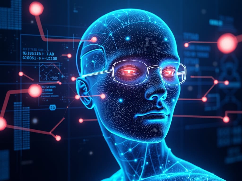 A futuristic digital representation of a humanoid figure, glowing in blue with complex neural networks visible. The figure wears glasses, and its eyes emit a red glow. Various data points and technological elements appear in the background.