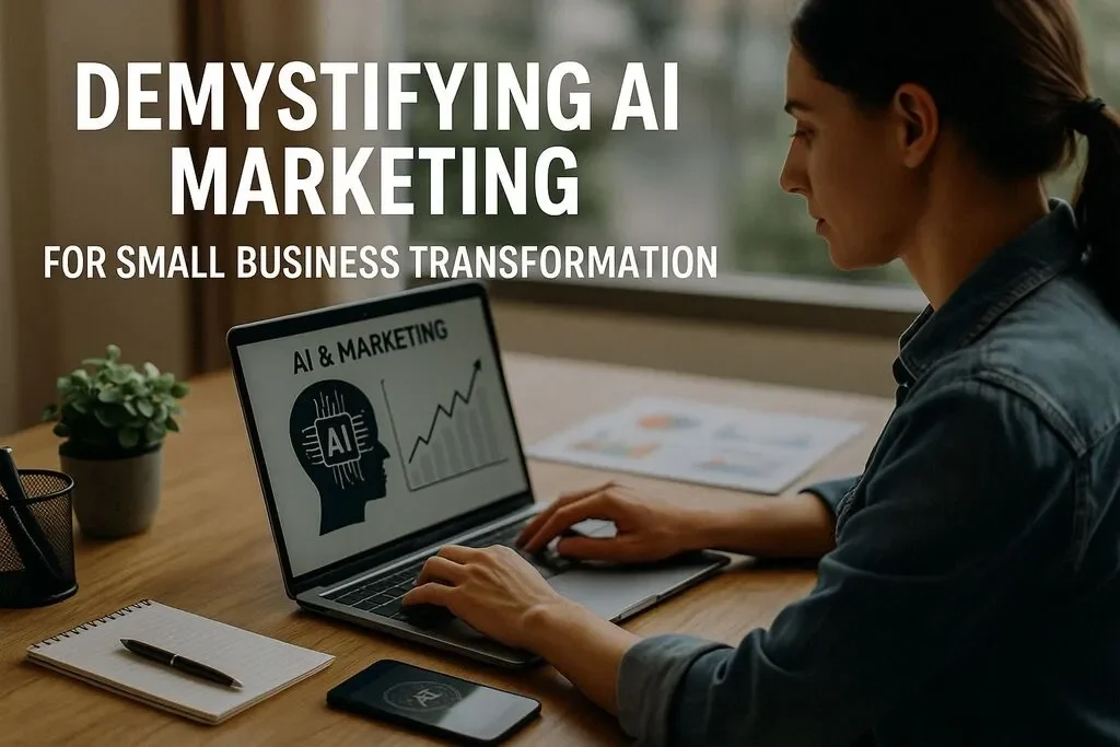 A woman works on a laptop displaying “AI & Marketing,” a brain graphic, and a line graph. Text reads: “Demystifying AI marketing for small business transformation.”.