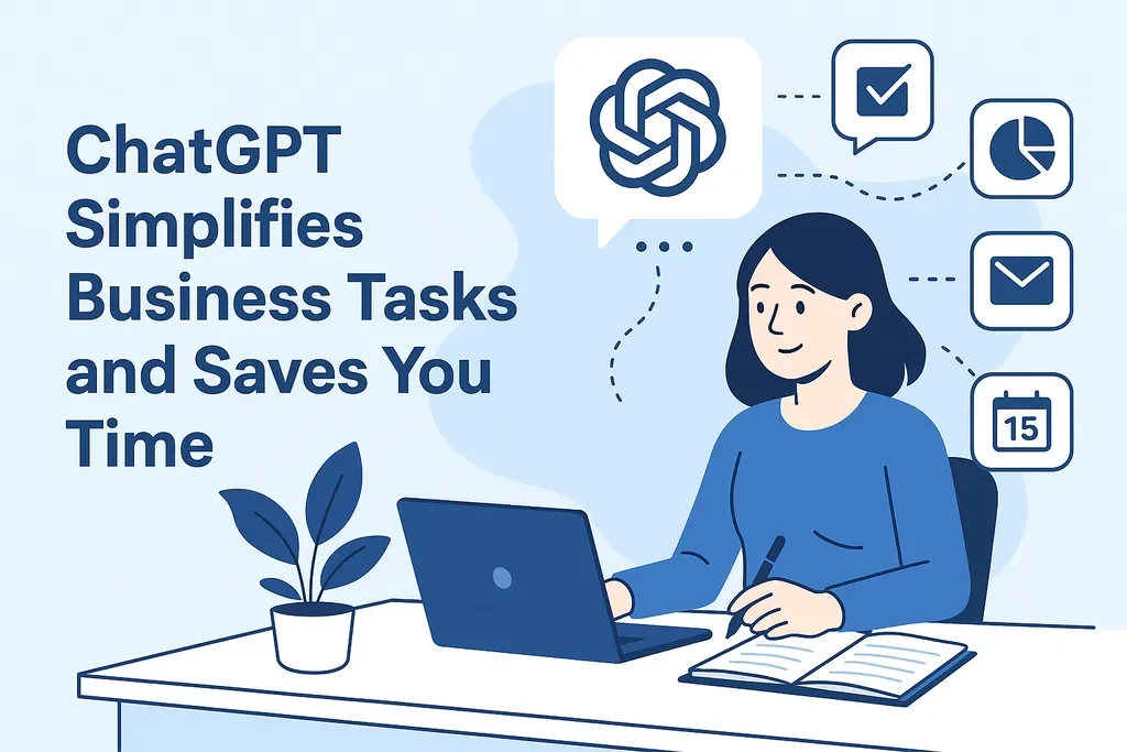 Illustration of a woman working at a laptop with an open notebook, surrounded by icons for business tasks, charts, and a calendar. Text reads, "ChatGPT Simplifies Business Tasks and Saves You Time.