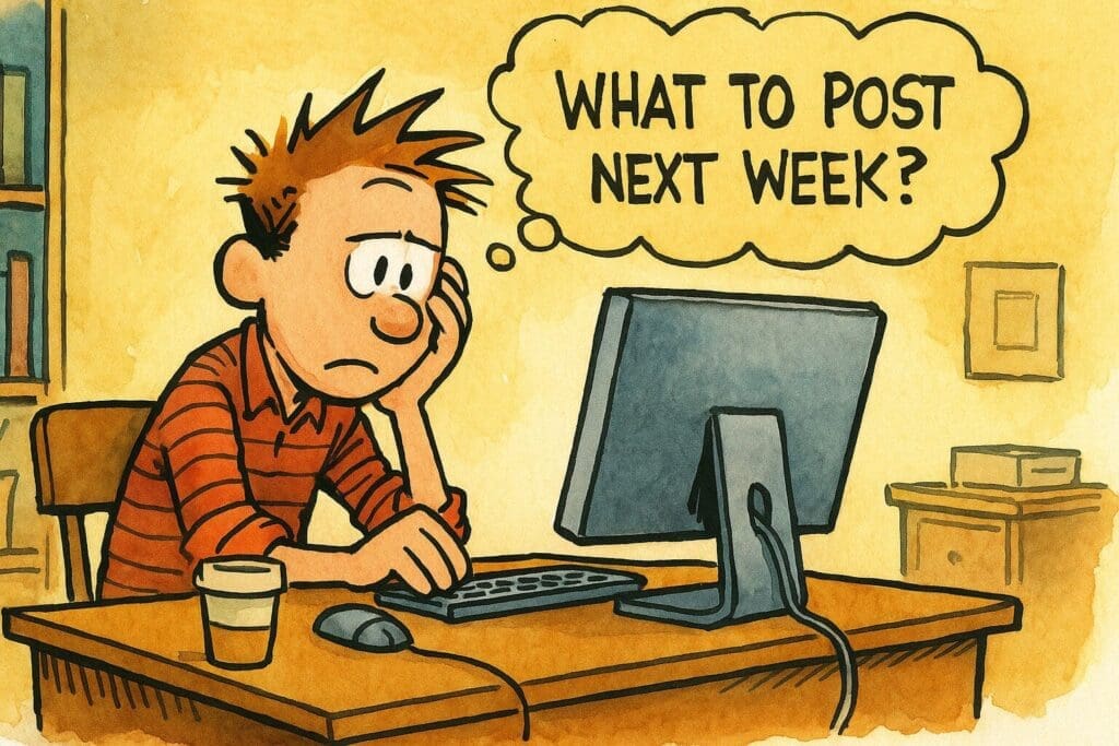 A cartoon person sits at a desk, looking worried while staring at a computer. A thought bubble reads, "What to post next week?" Content planning tools or a prompting shortcut could help—while a drink sits beside the keyboard.